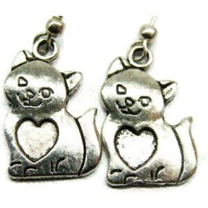 Cat Kitten Heart Love Silver Tone Vertical Drop Dangle Hook Earrings Womans